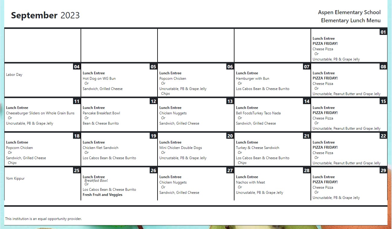 September Lunch Menu 2023